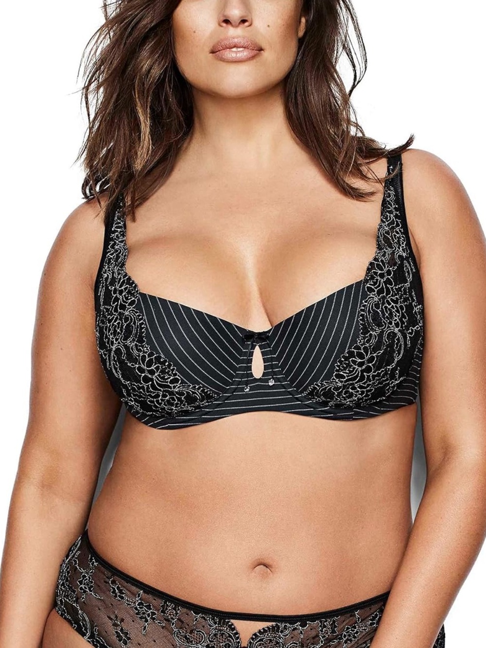 Ashley Graham Bra Black Lace & Pinstripe Underwire Sexy Unique Luxury Lingerie